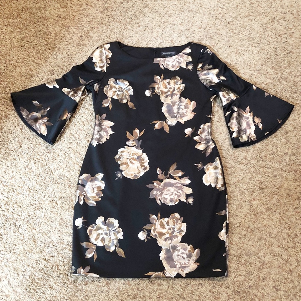 Floral Bell Sleeve Dress - Black and Cream